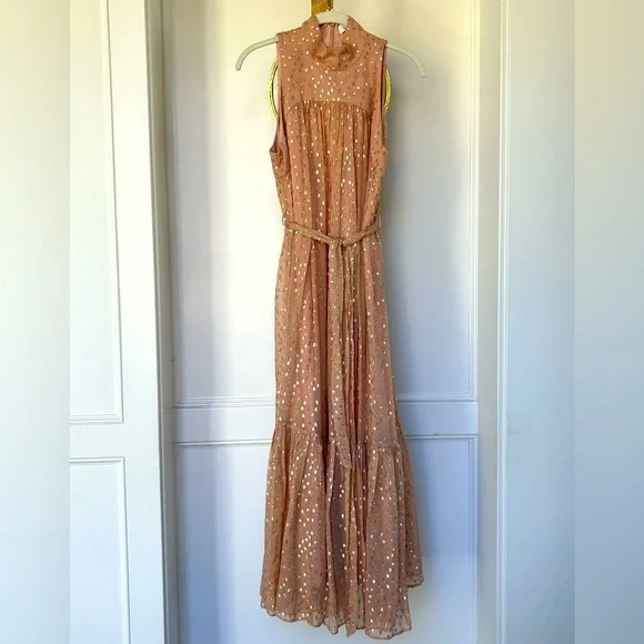 ZIMMERMANN SLEEVELESS TIE NECK DRESS Size 2 Blush Gold MIDI Party Glitter Dress - Picture 6 of 13